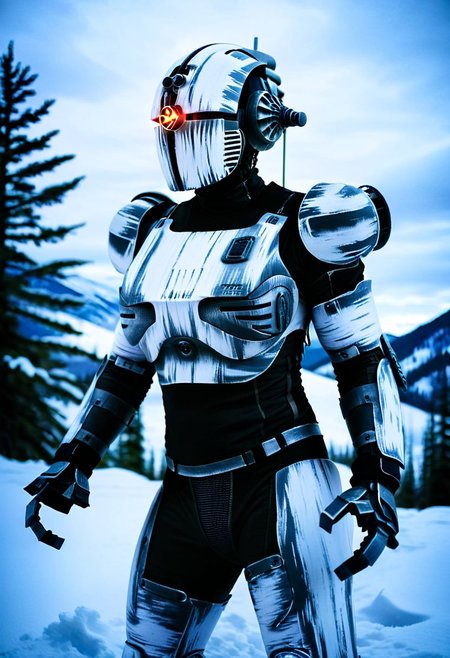 easynegative, extremely detailed, dark, chiaroscuro, low-key, AssaultronCosplay, zavy-strps, a white assaultron robot, ((the assaultron has grey stripes painted on its armor)), ((tiger stripe pattern)), in the mountains of Alaska, snow