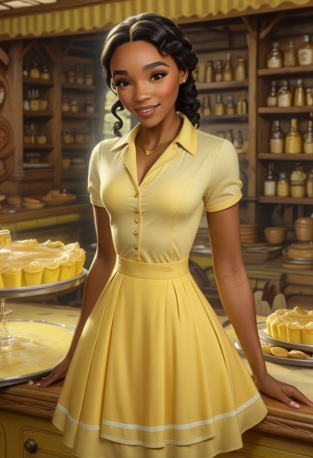 Realistic, , Tiana, original style, majestic, waitress, yellow pastel waitress dress, front view, high angle, dynamic pose