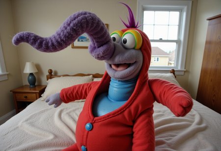 an image where Fisher Price great gonzo doll has a wrinkly triple length neck , at a posthuman era aesthetic bedroom.