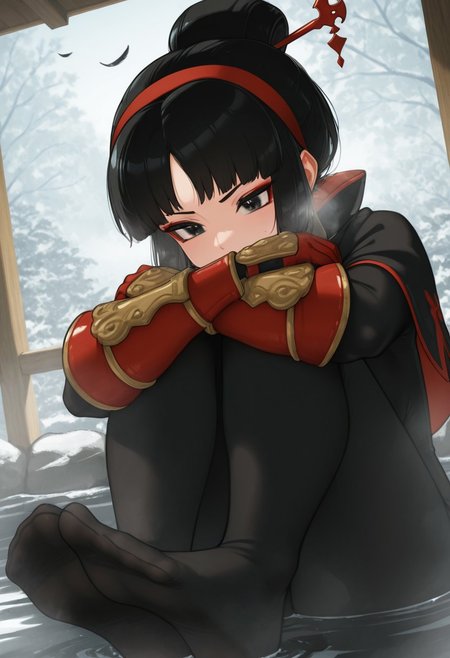kizake,  outdoors, undershirt, falling feathers, black bodysuit, hair stick, hugging knees, knees to chest, gauntlets, eyeshadow, red gloves, two sides up, black capelet, red hairband, black eyes, 1girl, solo, feet, visible breath, dynamic angle, foreshortening, smell, steam, onsen, water