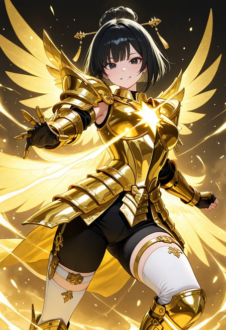 masterpiece,best quality,amazing quality, very aesthetic, ((outlined outlined vector graphics)), cute face, (glow eyes:0.5) ,  from front,  looking at viewer ,detailed background,
1girl,
20yo, black hair, black eyes, short bob hair, hair pin,mdeium  breast, slender,(white thigh strap:1.1),
,solo,cute face,
happy  ,  golden armor, golden-mythril-armor ,  , glowing, glittering , fantasy, glimmering , pants , action pose, clothed <lora:golden-mythril-armor-il-01:0.8>