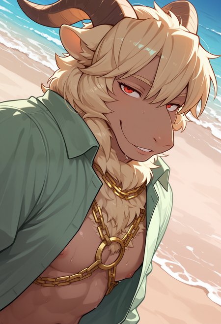 masterpiece,best quality,amazing quality, 1boy, solo,4z4zel, goat boy, open green shirt, gold chest strap, close up, side angle, glowing red eyes, seductive gaze,  outdoors, beach,