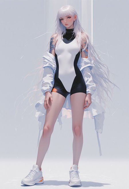 HD, 8K quality, ultra-detailed, futuristic digital illustration of a slender, female character exuding confidence and readiness for action. She wears a sleek white bodysuit with black accents and orange details, enhanced with chrome silver plates on her shoulders, arms, and thighs. These reflective, mirror-like plates contrast with the smooth bodysuit, adding a bold, armored look. Her long white hair peeks from under a hooded white jacket with a high collar, while a black crop top is visible underneath. The outfit is intricately panelled, emphasizing a cyberpunk, tech-inspired style. She stands in a powerful pose, left hand on her hip, right gripping a futuristic device. Her white sneakers, designed with chunky layers and rugged texture, complete the modern look. The character’s expression is serious, with a focused, determined gaze, ready for action. The background is minimalist gray, allowing her high-tech attire and reflective chrome plates to stand out. The semi-realistic rendering highlights the textures, from the sheen of the bodysuit to the polished chrome, rugged sneakers, and sleek backpack. The polished chrome plates capture light, giving the character a dynamic, futuristic appearance, preparing for any challenge in this cyberpunk-inspired world.