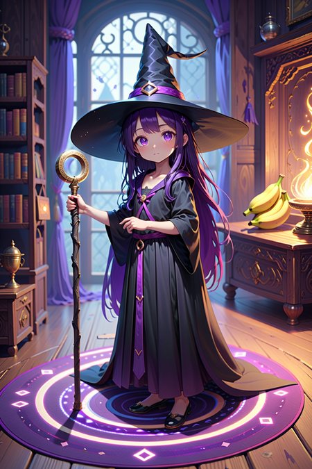 4 years old witch girl, standing,  living room,  (magic circle on the floor:1.3), side view, long dark purple hair, purple eyes, vertical pupils,  big black witch hat, magic staff, banana on the floor,