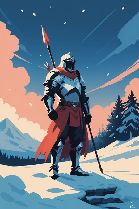 snow, weapon, outdoors, polearm, spear, 1girl, 1boy, holding, holding weapon, armor, snowing, sky, cloud, zPDXL3,  PnyCmicXLPOS, detailxl,  (lineless, vector art:1.5)