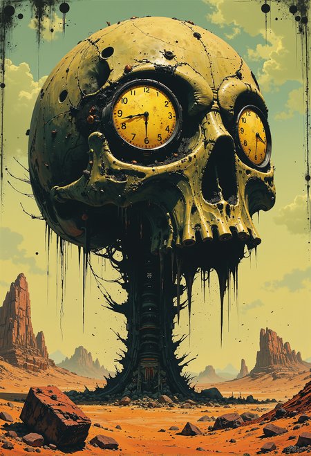 An abstract piece of art inspired by ZdzisÅaw BeksiÅski. The central focus is a giant, weathered skull with clocks embedded in its eye sockets. The clocks are intricately detailed, showing the hours with tiny figures representing each number from 1 to 12, as if tattooed or carved into the skullâs surface. The skull itself is heavily decorated with dark, surreal patterns and symbols, evoking a sense of decay and mystery. The background is a vast, barren desert landscape, its sands stretching endlessly under a haunting, pale sky. The eerie atmosphere and desolation of the scene reflect BeksiÅski's signature style, merging the grotesque with the surreal, evoking both awe and unease. <lora:artilands.safetensors:0.75>,  <lora:Luminous_Shadowscape-000016.safetensors:0.5>,