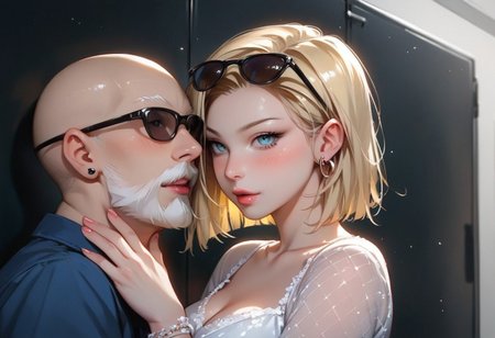 ,((white taut dress)),((sideways)),score_9,score_8_up,score_7_up,<lora:Expressive_H-000001:0.8>,g0th1cpxl,<lora:g0th1cPXL:0.7>,expressiveh,<lora:Fixhands_anime_bdsqlsz_V1:1>,
1hot and cute girl with old sunglasses bald old man ,intricate details,hyperdetailed,photorealistic,Android 18,blush, dynamic pose, with long white bandhoiz ducktail beard man, white beard, white bandhoiz,