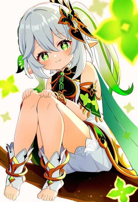 1girl, nahida \(genshin impact\), 
solo, white bloomers, side ponytail, bracelet, smile, multicolored hair, green cape, underwear, toeless footwear, green eyes, gold trim, bloomers, detached sleeves, sidelocks, sleeveless, white dre, toeless legwear, simple background, leaf hair ornament, full body, sleeveless dress, cape, grey hair, looking at viewer, cross-shaped pupils, bare shoulders, symbol-shaped pupils, dress, stirrup footwear, sitting on branch, gradient hair, jewelry, long hair, hair ornament, white background, pointy ears,
masterpiece, best quality
 <lora:Siro9_nobep10-000013:1>