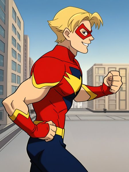 score_9,, 
1boy, superhero costume, muscular male, blonde, short hair, hands on hips, epic pose, looking at viewer, cowboy shot, dynamic pose, smile, wide shot, solo, portrait, city, from side,, 
XmenEvo, flat color, official style, cartoon style, <lora:AXmenEvolutionXL_Style:1.1>