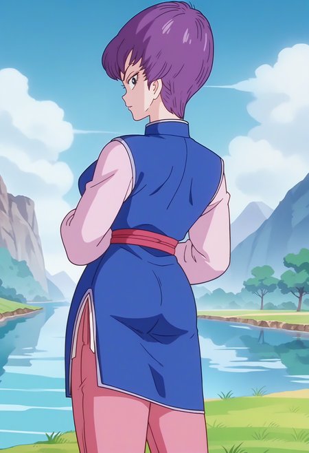 score_9, score_8_up, score_7_up, score_6_up, anime screencap, anime coloring, <lora:DBExtraGirl14:0.9>, DBExtraGirlFanfan, purple hair, short hair, dark blue eyes, breasts, 
chinese clothes, long sleeves, sleeves past wrists, sash, side slit, pink pants,
looking at viewer, ass, ass focus, looking back, from behind, 
BREAK day, grass, blue sky, sunlight, sunbeam, nature, river,