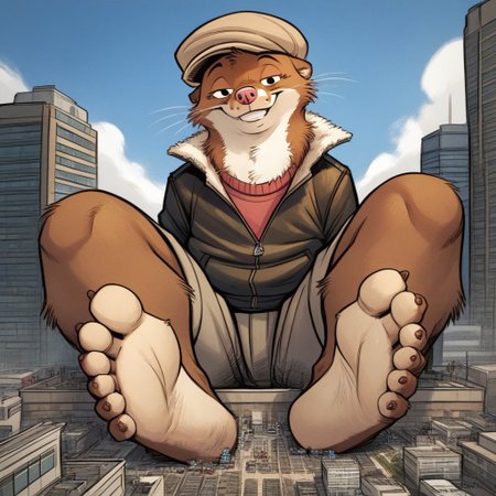 score_9, score_8_up, score_7_up, score_6_up, score_5_up, score_4_up, solo, source_furry, 1boy, city, smile, full body, seductive expression, solo, k-9
,
W33kly_BS, Weekly, Anthro Weasel, Lesser Weasel, brown weasel, brown fur, white chin, white neck, white inner ear, black eyebrows, black eyes, pink nose, whiskers, shortstack, tan hat, flat cap,  leather jacket, flight jacket, fleece collar, red sweater, khakis,
,
plantigrade, three toes, feet with three toes
,
(Sitting:1.4),  big feet, (macro, giant), looking at viewer, from below, feet focus, low-angle view, soles, from below