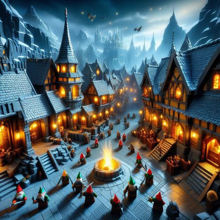Smooth Quality, masterpiece, best quality, amazing quality, dwarves fighting elves,troglodytic  city, lights, mounted wolves, humoristic,