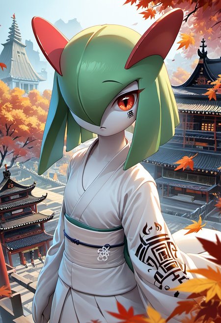 (((Kirlia))), female, anthro, pale white skin, score_9, score_8_up, score_7_up, detailed, Chinese ink art line, background, dynamic angle, volumetric lighting, godrays,perfection,perfect, 1girl, solo, Kirlia, 25 years old, perfect face, cute, petite, red eyes, white hair, short hair, messy hair, crossed bangs, hair between eye, pointy ears, (white skin:1.2), (oni:1.2), white oni, facial tattoo, kimono, tattoos, Japanese architecture, temple, autumn, full shot, source_anime, rating_safe, Sinoink