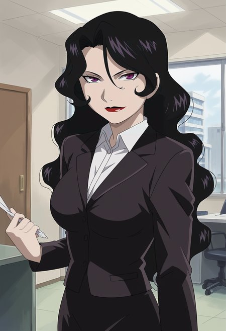 <lora:Lust-Fullmetal_Alchemist:0.85>,Lust,mature female,1girl,solo,black hair,long hair,lipstick,makeup,purple eyes,breasts,office lady,formal,shirt,jacket,skirt,cowboy shot, looking at viewer, indoors