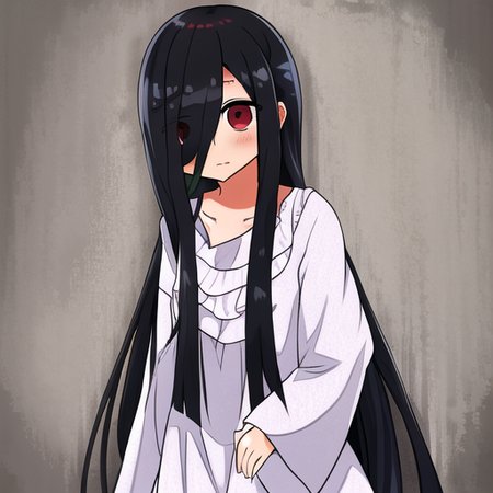 ((masterpiece)),(best quality), absurdres,sadako_yamamura,red eyes, white dress,<lora:Sadakobest:0.8>,  <lora:kanihamisoStyleLora_10:0.7>,