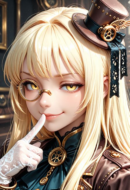 SmoothNoob_Quality, steampunk. portrait, 1girl, face close-up, yellow eyes, thick lineart, sharp edges, cel shading, linear hatching, film grain, high contrast, duotone, monocle, mini top hat, smug, lace gloves, white gloves, gold trim, finger to mouth,  <lora:Smooth_SteamPunk:0.8>