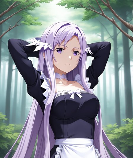 score_9, score_8_up, source_anime, highres, hi res, best quality, masterpiece, 2d, intricate details, official style, anime, 4k, anime style,
1girl, solo, female, long hair, very long hair, purple eyes, purple hair, frown, quinella, sword art online: alicization,
choker, white choker, maid uniform, maid apron, long sleeves, black dress, frilly, lace, lace trim,
hands behind head, raised arms, standing, upper body, portrait, foreshortening, looking at viewer, outside, forest, foliage, trees, branches, plant, <lora:Quinella_Pony:1>