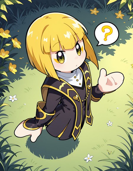 masterpiece, best quality, amazing quality, very detailed, newest, no humans, solo, WnKrbZnPrtznn, blonde hair, short hair, floating hands, black robe,  ribbon, floating, looking at viewer, full body, elegant, dynamic pose, shiny, hand up, spoken question mark, nature, grass, yellow flowers, high view angle, from above, cute, looking up, <lora:6181c8c8-c962-4334-b2cb-3dfb77597397:0.9>