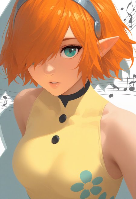 masterpiece, best quality, 1girl, close-up, parted lips, looking at viewer, no lineart, flat color, high contrast, drop shadow, sparkle, oil painting \(medium\), <lora:GallicaMR-illu:1> dfGall, orange hair, short hair, hair over one eye, aqua eyes, pointy ears, grey hairband, medium breasts, two-tone leotard, yellow leotard, covered collarbone, floral print, buttons, sleeveless, abstract background, musical note