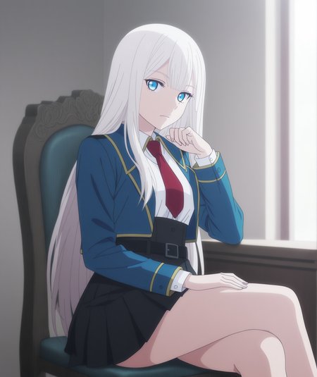 highres, absurdres, hi res, best quality, masterpiece, 2d, intricate details, 4k, anime coloring, elegant, digital painting, highly detailed, artstation, sharp focus, illustration,
1girl, solo, female, eyelashes, nose, long hair, bangs, blue eyes, white hair,
skirt, shirt, long sleeves, school uniform, jacket, white shirt, pleated skirt, necktie, skirt under dress, black skirt, blue jacket, red necktie, belt,
white background, gradient background, sitting, crossed legs, chair, on chair, 
blurry, motion blur, motion lines, focus blur, depth of field, <lora:Elena_Kimberlite_(Character)_ILXL:1>,