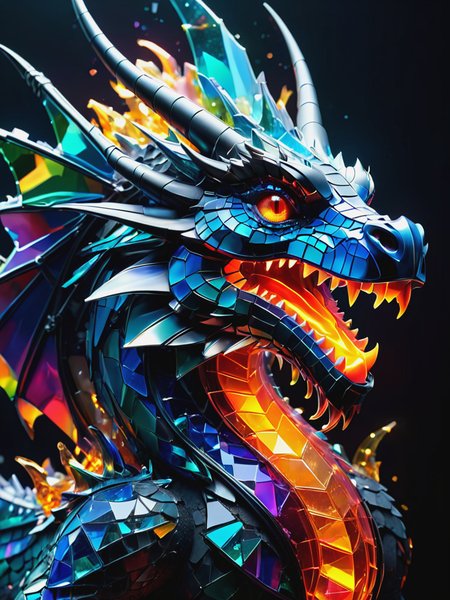 dragon with burning eyes  Made of pieces broken glass, symbols, intricate details, colorful, abstract, neon, realism, <lora:SDXLFaeTastic2400:0.8>, <lora:Made of pieces broken glass v2:0.8>  glass, shards, broken glass, transparent glass, pieces of glass