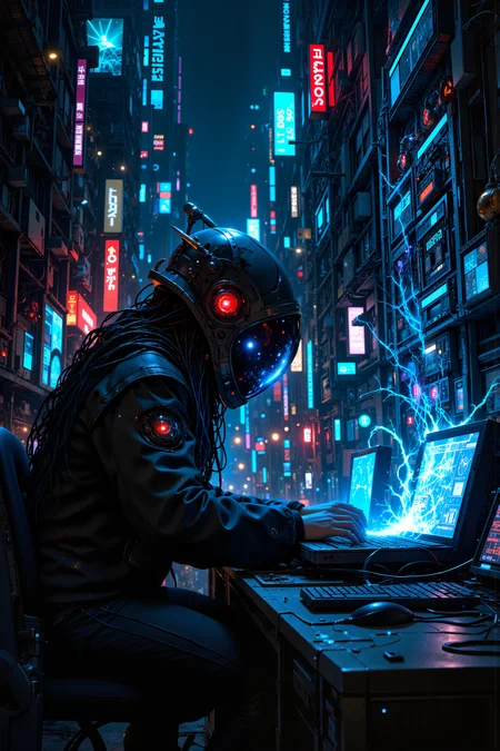 In the neon-lit underworld of a sprawling cyberpunk city, a lone hacker sits hunched over an interface, her fingers flying across the glowing holo-keyboard as she infiltrates a highly secure network. Her face is partially obscured by the glowing blue visor of her hacking helmet, which reflects the complex digital code streaming past her eyes. The room around her is dark, cluttered with old tech and wires snaking across the floor, while the distant hum of the cityâs nightlife filters through the walls. Suddenly, alarms blare, and red warning lights flicker to lifeâsheâs been detected. Her heart pounds as she prepares to dive deeper into the digital labyrinth, knowing escape is nearly impossible. The scene blends the high-tech tension of The Matrix with the neon-drenched intensity of Cyberpunk 2077.<lora:MysticFantasy>