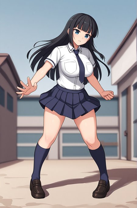 anime artwork, score_9, score_8_up, score_7_up, source_anime, BREAK, thick outline, fat outline,
Ikaruga_XL, long black hair, blunt bangs, hime cut, dark blue eyes, large breasts, BREAK, Ikaruga_School, school uniform, blue necktie, white buttoned shirt, pleated skirt, dark blue kneehighs, black loafers, BREAK, outdoors, fighting pose, action pose, full body, 
<lora:Ikaruga_XL:0.7>
<lora:PersonalAmi_PonyXL:1.0>