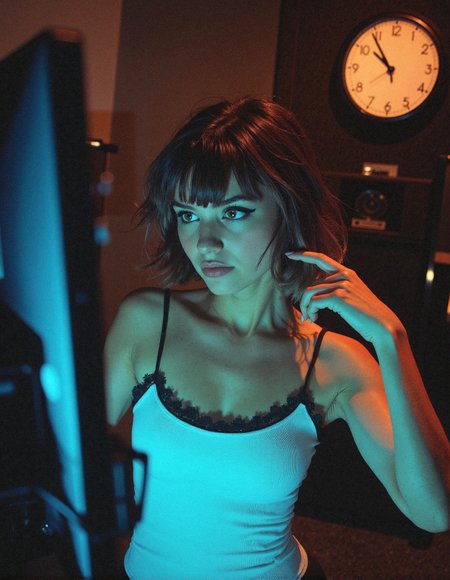 A close-up shot of a woman in a recording studio, her focused gaze directed at a monitor as soft light highlights her short brown hair. She wears a fitted white tank top with delicate black trim and matching shorts, her pose exuding concentration. The background reveals blurred outlines of a clock and studio equipment, with a warm and cool light interplay adding depth and atmosphere to the scene.
 <lora:FluxDFaeTasticDetails:0.3> <lora:Comic_Style_-_FLUX:0.7000000000000001>