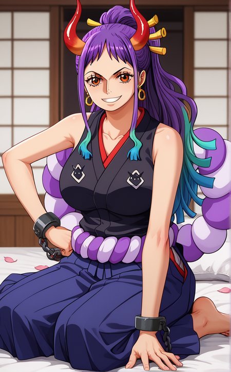 score_9, score_8_up, score_7_up, yokozuwari, barefoot, bed, blurry background, depth of field, indoors, on bed, petals, pillow, shouji, sitting, sliding doors, arm support, looking at viewer, smile, toes, bloom, sidelighting,   <lora:ONEPIECE_Yamato_ownwaifu:1>, BREAK BlackKimono_Yamato_ownwaifu, 1girl, bare shoulders, chain, cuffs, curled horns, hair ornament, hair stick, high ponytail, hoop earrings, japanese clothes, jewelry, multicolored hair, multicolored horns, oni, orange eyes, purple hair, red horns, shackles, shimenawa, sidelocks, sleeveless kimono, yamato (one piece),  collarbone, large breasts, long hair,  two-tone hair, ear piercing, hakama, hakama pants, heart earrings, hip vent, parted bangs, purple kimono,<lora:Expressive_H:0.15> <lora:add-detail-xl:0.15>,
