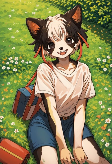 score_9, score_8_up, score_7_up, source anime,
masterpiece, best quality, detailed, amazing quality,
detailed background, park,
detailed eyes, clean eyes,
dynamic pose, laying in grass, laying on stomach, from above,
solo, 
easynegative, 
furry, dog boy, 1boy, happy,
baggy shirt, shorts, bag