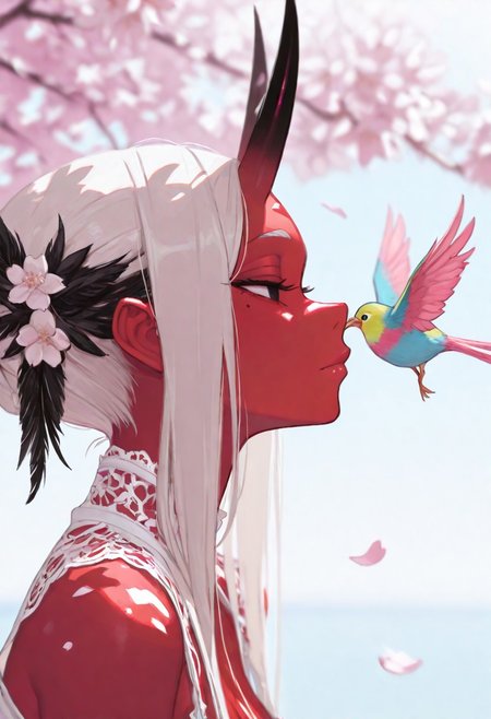 masterpiece, best quality, good quality, very awa, newest, highres, absurdres, uncensored, 
Good quality, newest,1girl, 
BREAK
detailed background, eyelashes, erotic, looking seductive, coy. dynamic action image, detailed face, detailed eyes, direct mesmerizing gaze, 
BREAK
(sexy, slutty, hot, aroused), 
1 girl , solo, long eyelashes ,
Aka-Oni, oni, colored skin, red skin, smooth horns, black horns
BREAK
flirting:2.0, action pose, flower, blurry foreground,  forehead, high hair.
BREAK
 8k, HDR, focused subject, 1girl, solo, detailed hair, feather hair ornament, black eyes, solid eyes, detailed eyes, detailed face, nose, lips, mole under eye,expressionless, gazing, head tilt, high collard,lace trim, square neckline, colorful singing bird, sakura tree branch, sakura blossoms, floating, bright sunlight, dappled light, blurry sky background, petals from side, profile, portrait, bright theme, bloom, chromatic aberration, limited palette, volumetric lighting,photo \(medium\), intricate,