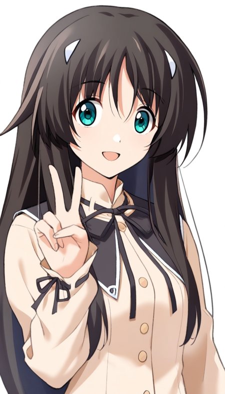 1girl,
ask \(askzy\),torino aqua,migolu,
inori,memories off 4,long sleeves hamasaki uniform,longinori,black hair,
white background,simple background,upper body,solo,looking at viewer,v,smile,looking at viewer,open mouth,
masterpiece,best quality,newest,absurdres,safe,<lora:MemoriesOff4AIOK:0.6>,