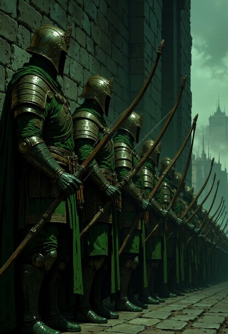 a line of medieval archers standing in formation along a stone wall. The style is dark and atmospheric, with a focus on detailed armor and weaponry. The archers are clad in green and metallic armor, with helmets obscuring their faces, giving them an anonymous and uniform appearance. Each archer holds a longbow and has a quiver of arrows slung over their back. The background features a towering, shadowy castle, adding to the ominous and foreboding mood. The color palette is dominated by dark greens and grays, enhancing the medieval and mysterious theme of the scene. <lora:FluxMythP0rtr4itStyle:0.6> <lora:flux.1_lora_flyway_Epic-Characters_v1:0.6> <lora:Elden_Ring_-_Yoshitaka_Amano:0.33>
