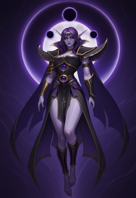 masterpiece, high quality, amazing detail,
1girl, solo,
ss-maminxalat, elf, black sclera, purple eyes, long eyebrows, pointy ears, colored skin, purple skin, purple lips, purple hair, circlet, black clothes, golden trim, high collar, big shoulder armor, single bracer, waist belt, pelvic curtain, back skirt,
detached cape, barefoot, floating, shin armor, barefoot,
abstract background, moon eclipse, detailed toes,
<lora:XalAtath_WOW_-_ILLU_by_SulfurSniffer:0.7>,   <lora:Zarory_-_ILLU_by_SulfurSniffer-000009:0.7> ss-zar0ry-illu,  semi realistic,