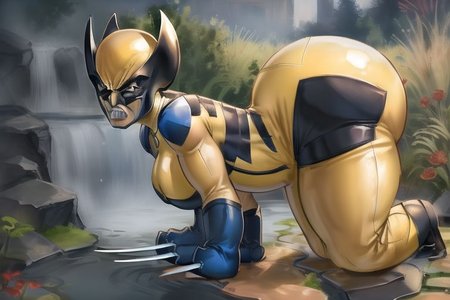 (pooltoy), floating on pond, canadian wilderness  masterpiece ,best quality, side view, full body, sideview, short, (wolverine costume), wolverine mask, butch woman, solo, angry, claws