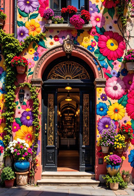 A charming, colorful European alley with a flower-covered building facade. The building exterior is painted in bright shades of coral pink and deep red, decorated with an intricate mural of large, vibrant flowers in full bloom, including daisies, peonies, and sunflowers. The floral designs are bold and graphic, with thick black outlines reminiscent of pop-art or a mural by Georgia O'Keeffe. Potted plants and climbing ivy surround the doorway, enhancing the lush feel. The ornate arched doorway features a black iron gate with swirling decorative patterns in yellow and red, framed by vibrant ceramic pots with blooming flowers. Warm natural light casts gentle shadows, highlighting the vivid colors and textures of the painted and real flowers. Urban photography style, detailed, vibrant, and immersive, with inspiration from European street art and the colorful works of artists like Romero Britto. in the style of Jed-clrfl <lora:flux-colourful:0.3> <lora:Sinfully_Stylish_.02_for_FLUX:0.6> <lora:FluxDFaeTasticDetails:0.7>