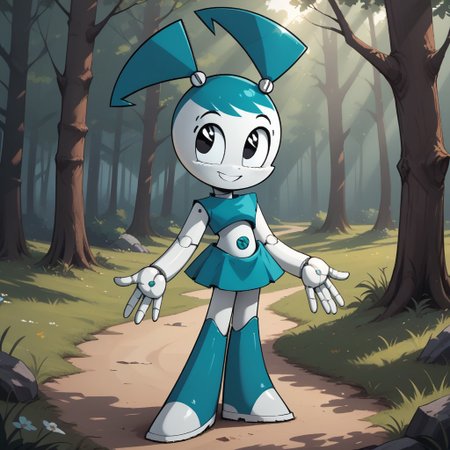 score_9, score_8, BREAK, solo, Jenny_Wakeman_(Teenage_Robot), white skin, black eyes, blue hair, screw bobbles, twintails, blue skirt, blue top, navel, screw navel, joints, robot girl, self portrait, smile, looking at viewer, outdoors, sunlight, shadows, evening lighting, natural lighting, forest, trees, grass, orange sky, sunset