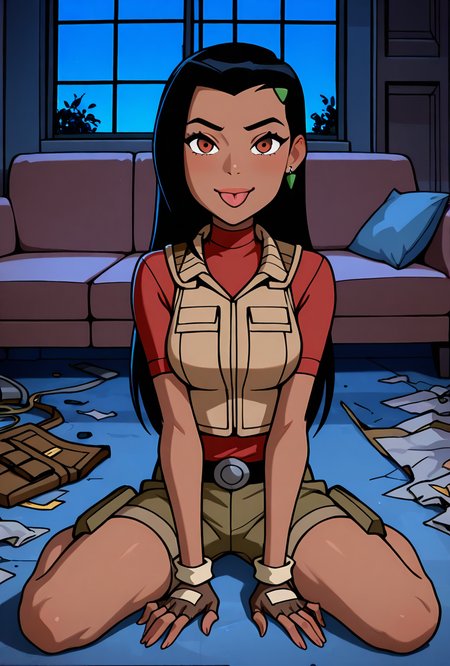 <lora:ovkai-10:1> ovkai, 1girl, long hair, black hair, dark skin, hairclip, earrings,  lips, red under shirt, raglan sleeves, turtleneck, brown cargo shorts, brown bulletproof vest, fingerless gloves, ((cartoon,  screencap)), dynamic pose, expressive,  amazing quality, best quality, facial expression , smile, :P, full body, living room, messy room, couch, night,  sitting,, masterpiece, best quality, amazing quality, very aesthetic, absurdres, newest,