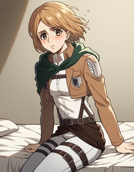score_9, score_8_up, score_7_up, source_anime, <lora:petra-ral-s1-ponyxl-lora-nochekaiser:1>, petra ral, brown hair, brown eyes, short hair, mature female, medium breasts,, <lora:paradis-military-uniform-ponyxl-lora-nochekaiser:1>, paradis military uniform, belt, cloack, cropped jacket, emblem, green cloak, jacket, long sleeves, pants, shirt, thigh strap, uniform, white pants, white shirt, brown jacket,, indoors, bed, bed room, on side, blush, drunk, looking at viewer, solo,, cowboy shot, dutch angle