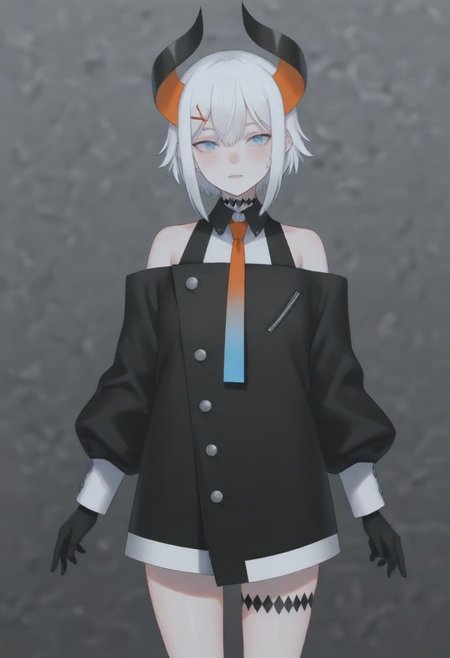 masterpiece, best quality, amazing quality,,, shiny skin,,,,,,,,nijilevi,,blue eyes,white hair,horn,pail skin,short hair,hairclip,nijilevicos,collared shirt,bare shoulder,gradient necktie,puffy long sleeves,white cuffs,black gloves,single thigh strap,