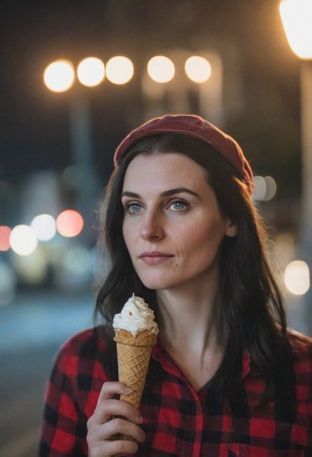 A 30yo woman eating a cone icecream.  blue eyes. perfecteyes
Wearing Jeans and Plaid red shirt with a hat/cap red. 
Long dark black slick back hair. No makeup.
Night time, Street light. 
Looking at camera POV.  Slight smile.
Medium Close Up shot.
Bokeh. Bokeh light.  
Blurred background.