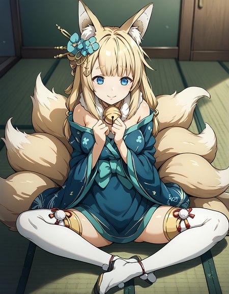 <lora:AzlaNiizuki_SDXL_pony_fp16_ver01:1>,AzlaNiizuki, 1girl, animal ears,bangs, blonde hair,  multiple tails, hair ornament, bell, blue eyes, kimono, fur collar,bare shoulders,thighhighs, light smile,tatami,, score_9, score_8_up, score_7_up, BREAK source_anime, rating_questionable, best quality, masterpiece, uncensored,<lora:pony_good_hands:1>,good_hands ,[pony diffusion V6 is trained by PurpleSmartAI:100]