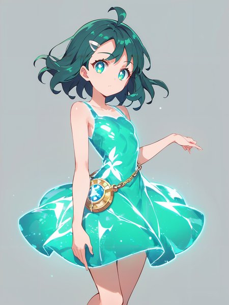 score_9, score_8_up, score_7_up,source_anime, high res image,masterpiece,best quality,(girl:1.0),cute face,clear skin,shiny hair,ultra detailed eyes,simple background, <lora:glow dress_pony_V1.0:0.7> glow dress, henshin,green dress