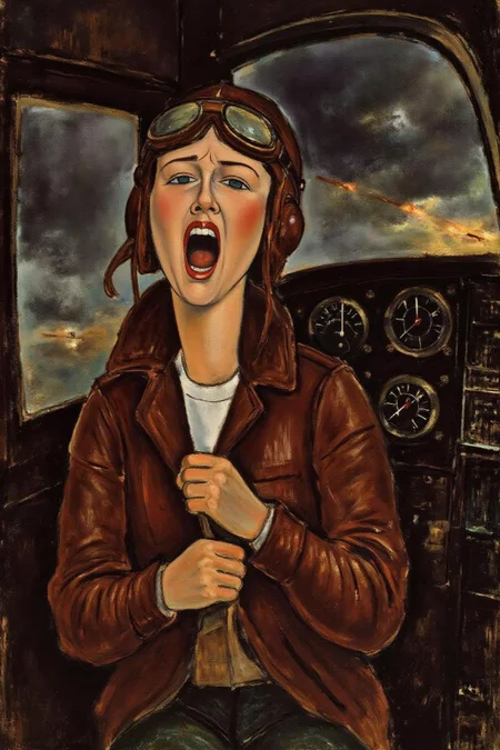 amedeomodigliani1 painting.  art by Pablo Picaso.  art by Modigliani
A female pilot screaming inside the cockpit of a World War II bomber. The pilot, wearing a vintage leather flight helmet with goggles and a bomber jacket, grips the controls with white-knuckled hands. Her face is contorted in a mix of fear and determination as she yells, her eyes wide with adrenaline. The cockpit is cramped and filled with old-fashioned dials and gauges, with the outside view showing dark stormy clouds and distant anti-aircraft fire
  <lora:amedeomodigliani1_cap_d6a3e8:1.0><lora:847310837038195037:0>