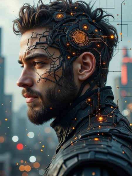 male focus, shirtless men, masculine, hyper-muscular, photo realistic, manly, handsome face, he is smiling, 


 hyper-realistic male portrait in profile, sharp facial features, short curly hair, trimmed beard, surreal sci-fi overlay of glowing digital maze lines across face and head, clean futuristic interface design integrated into skin, soft overcast sky background with subtle sunlight, digital particle dispersion around edges, dark high-collar jacket, dramatic lighting and shadow contrast, concept art style, moody and atmospheric, high detail textures and cinematic realism,  the image is highly detailed and stylized, using a mix of realistic and surreal elements,  wears a sleek black jacket, metallic, intricate circuitry, with abstract, splattered paint effects, the overall style is a blend of sci-fi and realism, creating a captivating and thought-provoking image, bo-abyss, byElement,

 sacred geometry, Fibonacci, repeated patterns, obelisk-based, reflective materials, crystalline glass, bronze, amber, ochre, obsidian, dark-colored glass, a lattice of electric silver threads embedded throughout, three-dimensional, prismatic as light passes through, vast depth of field, glowing colors from within, chaotic randomness in form, symmetrical, extremely finely detailed, patterned background,

 highly detailed, sharp in focus, beautiful, realistic skin, looking at viewer, masterpiece, 4k, highly detailed, extremely detailed, fine, exquisite, ornate, extreme, hyper details
