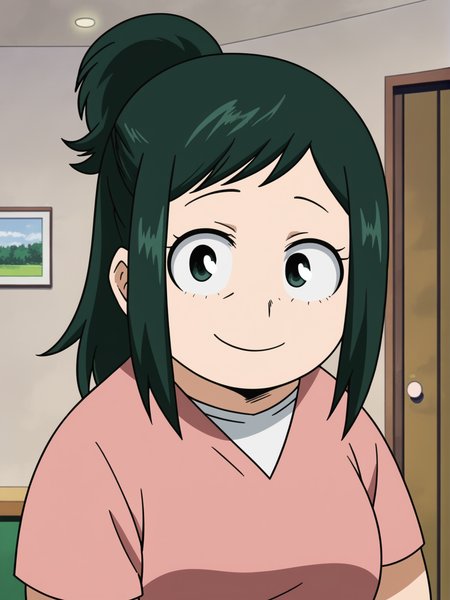 <lora:Inko_Midoriya:1>,inko,1girl,green hair,green eyes,ponytail,shirt,upper body,looking at viewer,indoors,smile