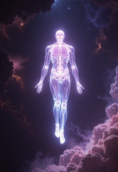 A hyper-realistic, glowing humanoid figure with an intricate exoskeleton made entirely of transparent crystal, bathed in soft pastel neon lights. The figureâs body is semi-translucent, revealing delicate, floating mechanical structures within. The exoskeleton is adorned with complex patterns and glowing lines that pulse with energy. The humanoid is suspended in mid-air within a vast, infinite void of deep, shimmering space, surrounded by swirling cosmic nebulae and stars. The light reflects and refracts through the crystal body, creating a radiant, ethereal glow that contrasts with the dark, starry backdrop. The mood is calm and otherworldly, capturing a moment of serene transcendence.     <lora:dark_fantasy_flux:0.83> <lora:FredFraiStyle-FLUX-Share:0.63> <lora:sxz-Dark-Fantasy-v2-Flux:0.33> drkfnts style, <lora:flux.1_lora_flyway_Epic-Characters_v1:0.43>
