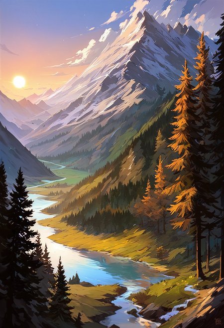 score_9, score_8_up, score_7_up, masterpiece, landscape, trees, sun, forest, mountains, river