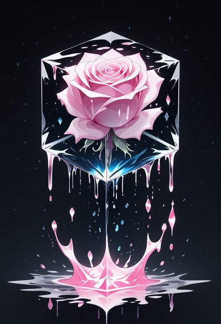 (masterpiece), best quality, Anime, Illustration, (Floating Cube, Crystal, Magic, Reflection, Melting, Dripping, Pink Rose), Black Background, No Humans, Starry Theme, (Light Refraction), White and Pink Theme, Natural Lighting, Verynsty