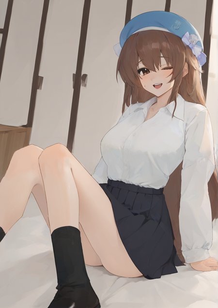1girl, mika (girls und panzer), huge breast, backlighting, black skirt, black socks, blue headwear, blue shirt, brown eyes, brown hair, clothes lift, day, dress shirt, dutch angle, half-closed eye, hat, indoors, keizoku school uniform, legs, lifted by self, long hair, long sleeves, looking at viewer, lying, miniskirt, on back, one eye closed, open mouth, pillow, school uniform, shirt, skirt, skirt lift, sliding doors, smile, socks, solo, striped, striped shirt, sweatdrop, tatami, tulip hat, vertical-striped shirt, vertical stripes, white shirt, zPDXL3<lora:KwakKwak0729:1>